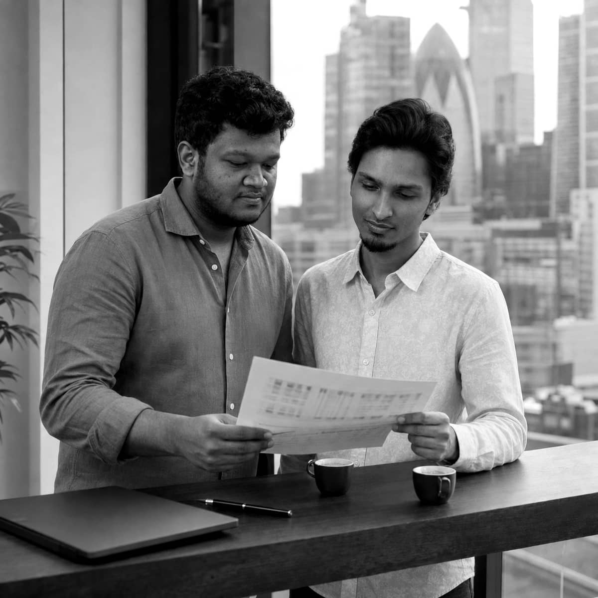 Black-and-white photo of a specialist working through printed onboarding documentation